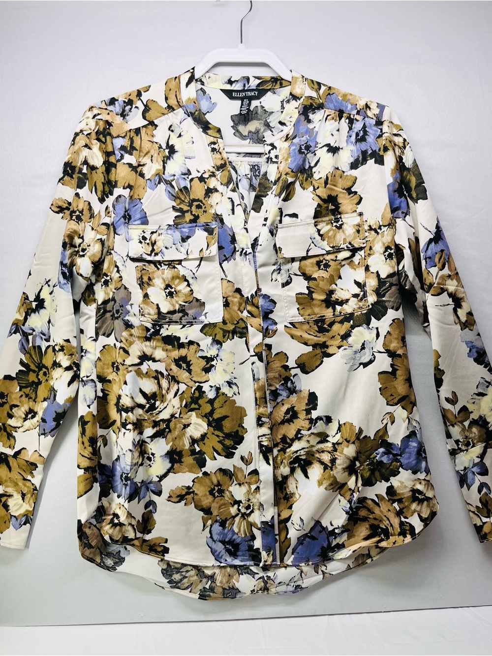 Ellen Tracy Floral Print Blouse - White with Gold & Blue Accents